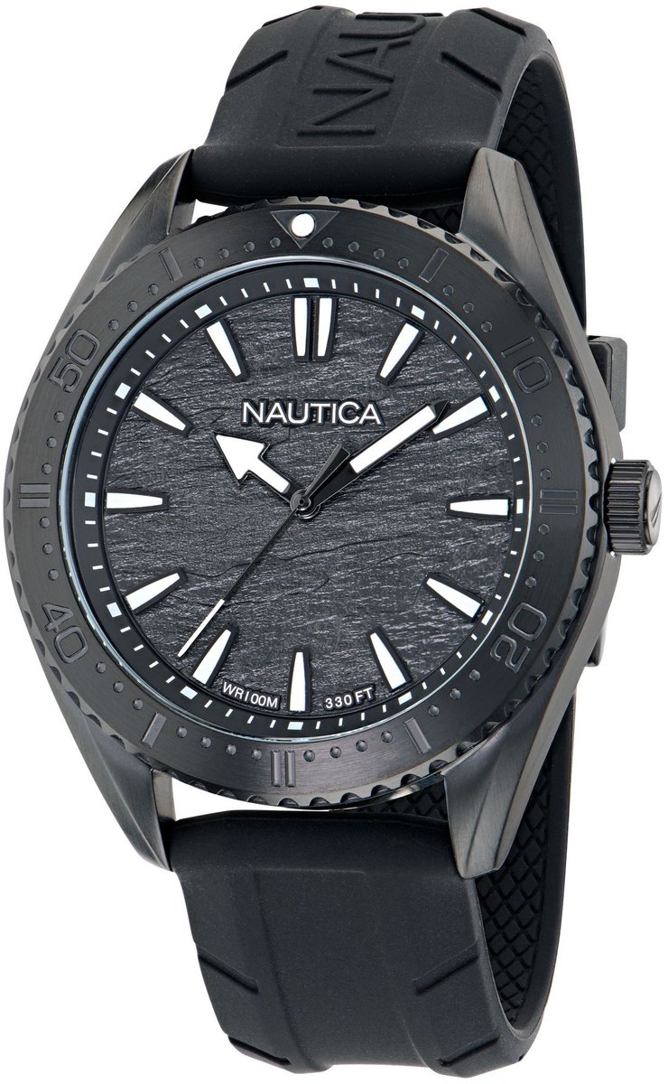 Nautica Nct Windward Quartz Analoog Horloge Zwart Kast: 100% Roestvrij Staal | Armband: 100% Siliconen 46 mm NAPWWS603