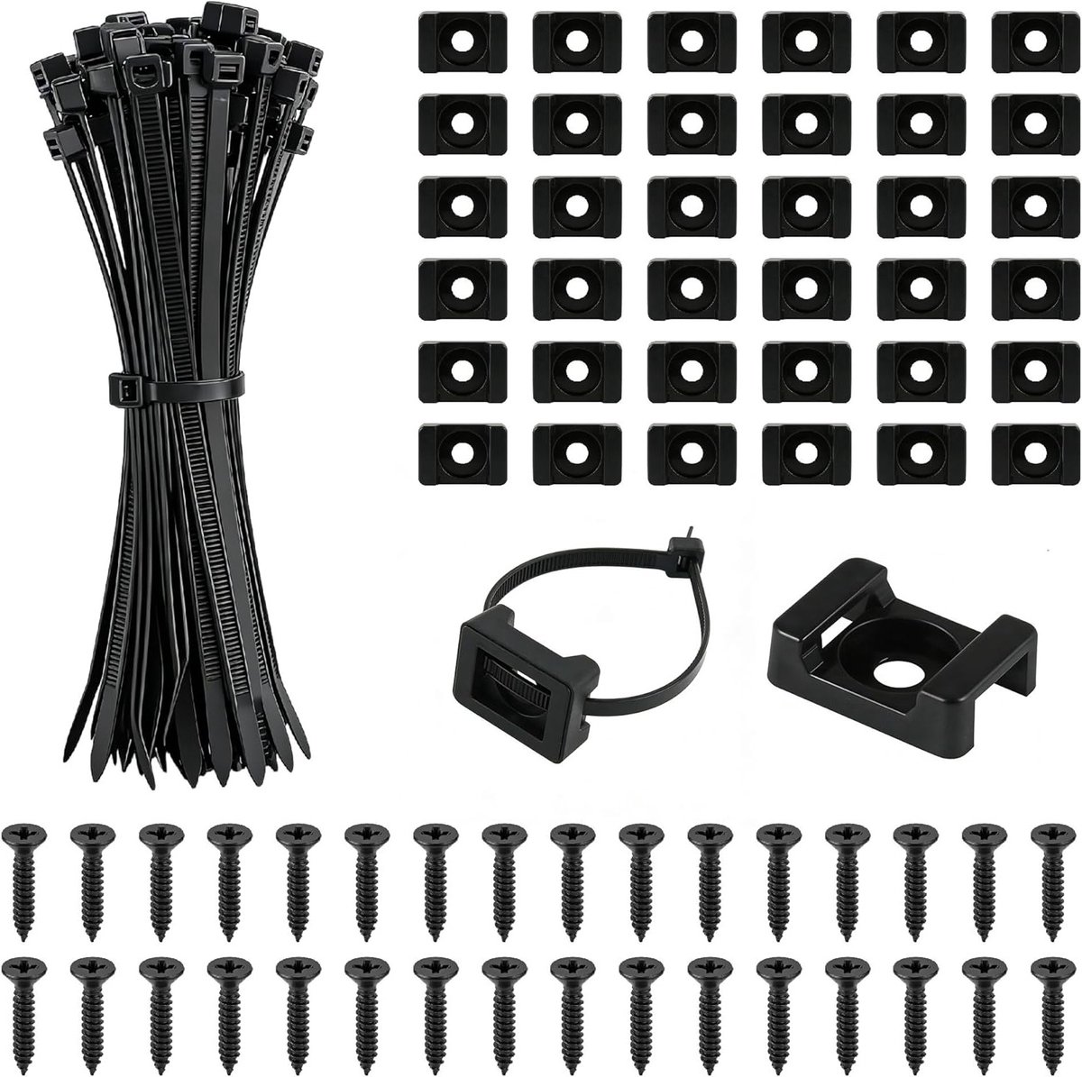 Kabelbinder-houderset met bevestigingsbasis, 100 stuks zwarte nylon kabelbinders 150 mm en M4 x 16 schroeven voor efficiënt kabelmanagement en organisatie