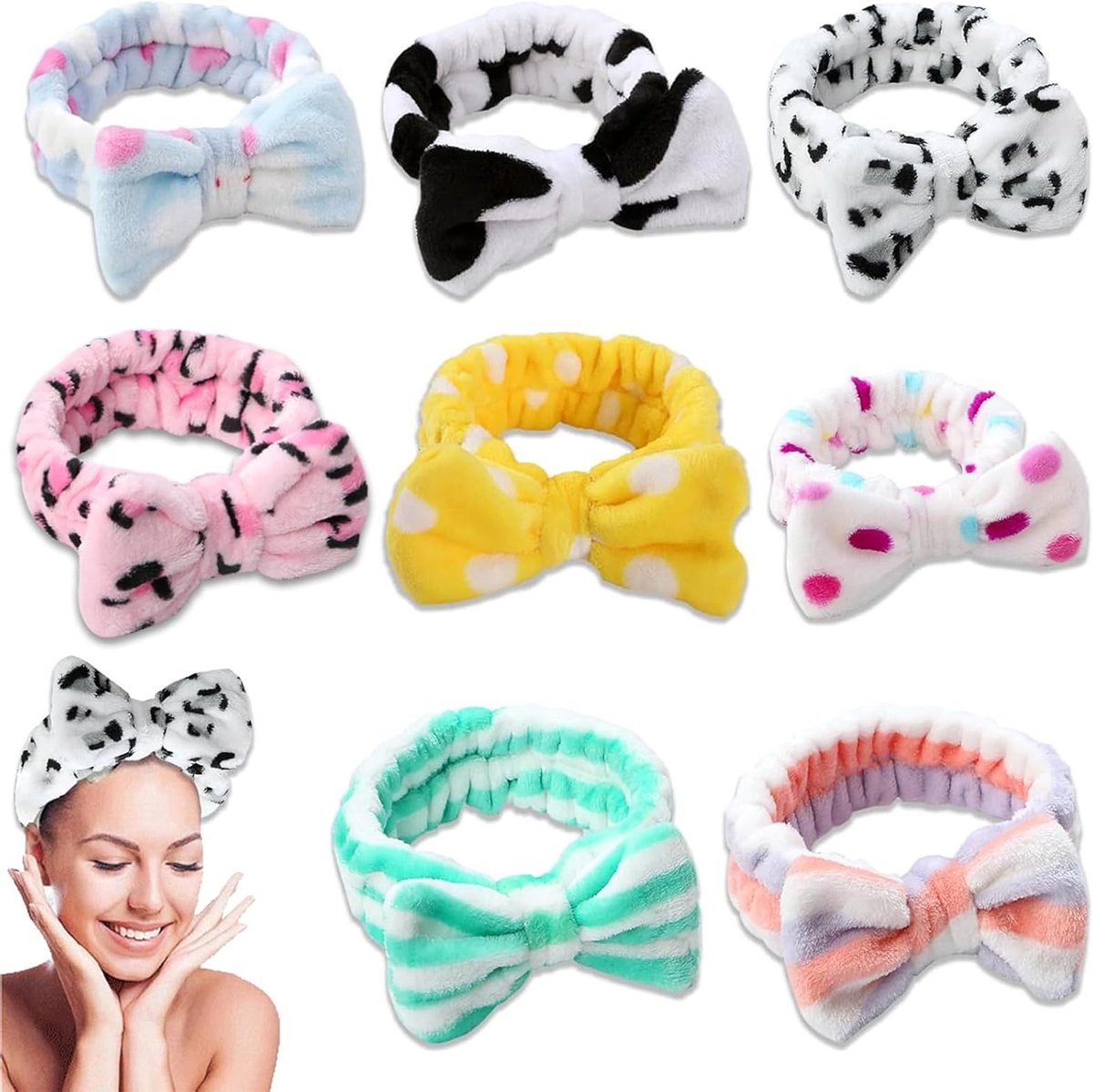 Kleurige Haarbanden met Strikjes voor Make-up, Sport en Douche - 8 Stuks van Zacht Koraalfleece, Ideaal voor Huidverzorging en Haarstyling