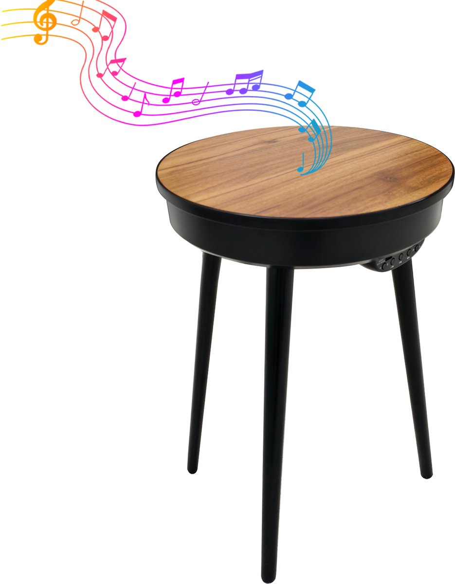FATIVO Bijzettafel met luidspreker - 2-in-1 Bluetooth Speaker Tafeltje - Ronde nachttafel met USB & LED - Zwart / Walnoot - Voor Binnen & buiten