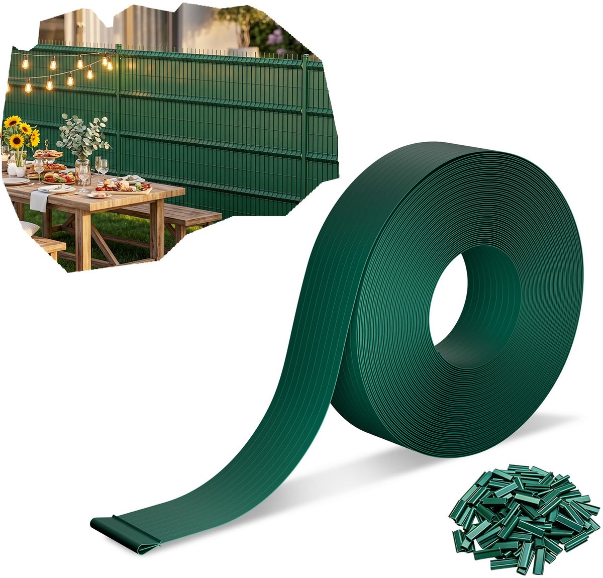 Froadp Groen 65 m premium PVC-privacystroken 4,7 cm voor dubbele staafmatten, weerbestendig, UV-bestendig, scheurvast, ondoorzichtige windbescherming voor tuin, balkon en terras, inclusief clips