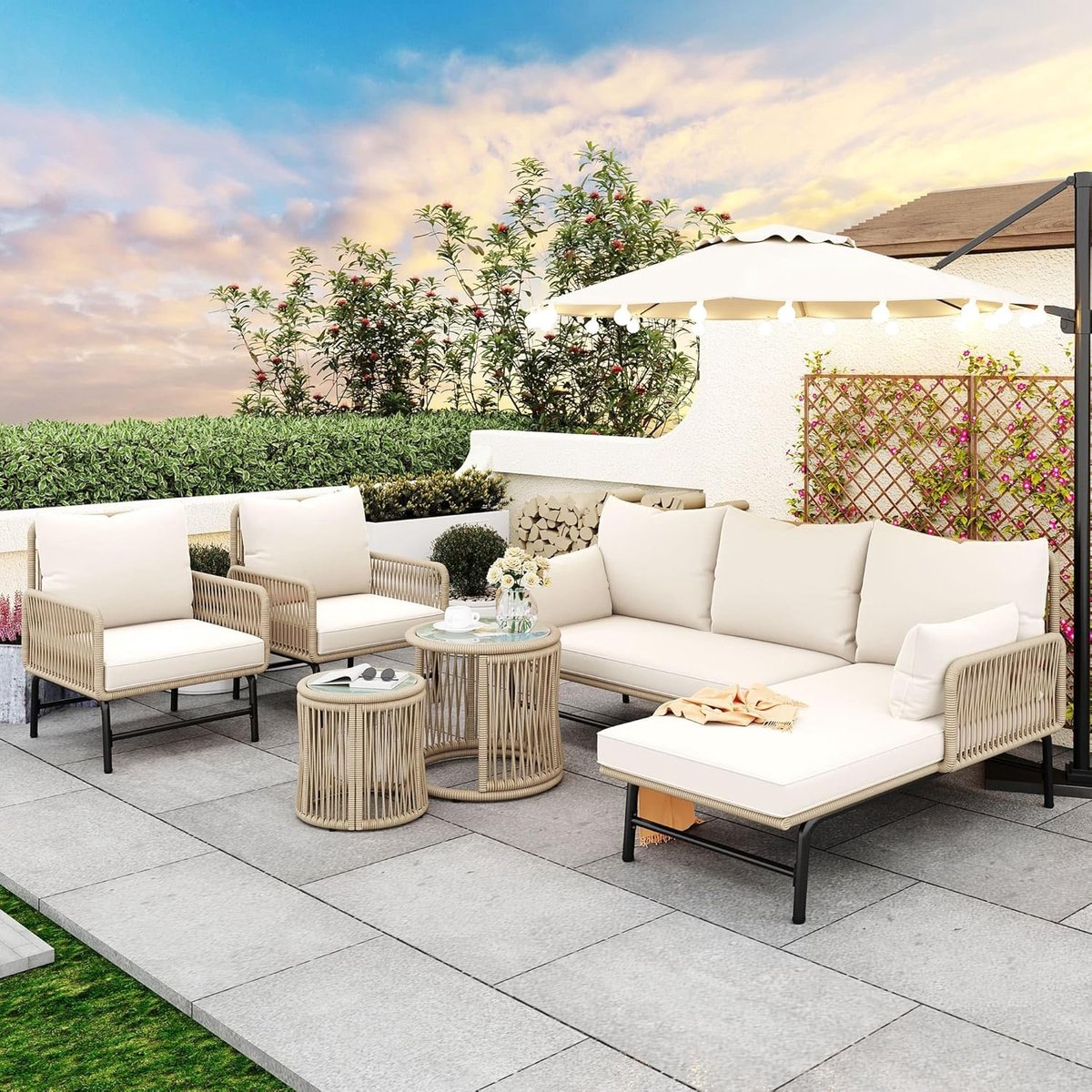 Tuin loungeset 6-zits met 2 tafels en 2 fauteuils – 260 x 180 x 75 cm – Modulaire terrasmeubels met dikke kussens, verstelbare poten en glazen tafelblad – Weerbestendig beige – Laura