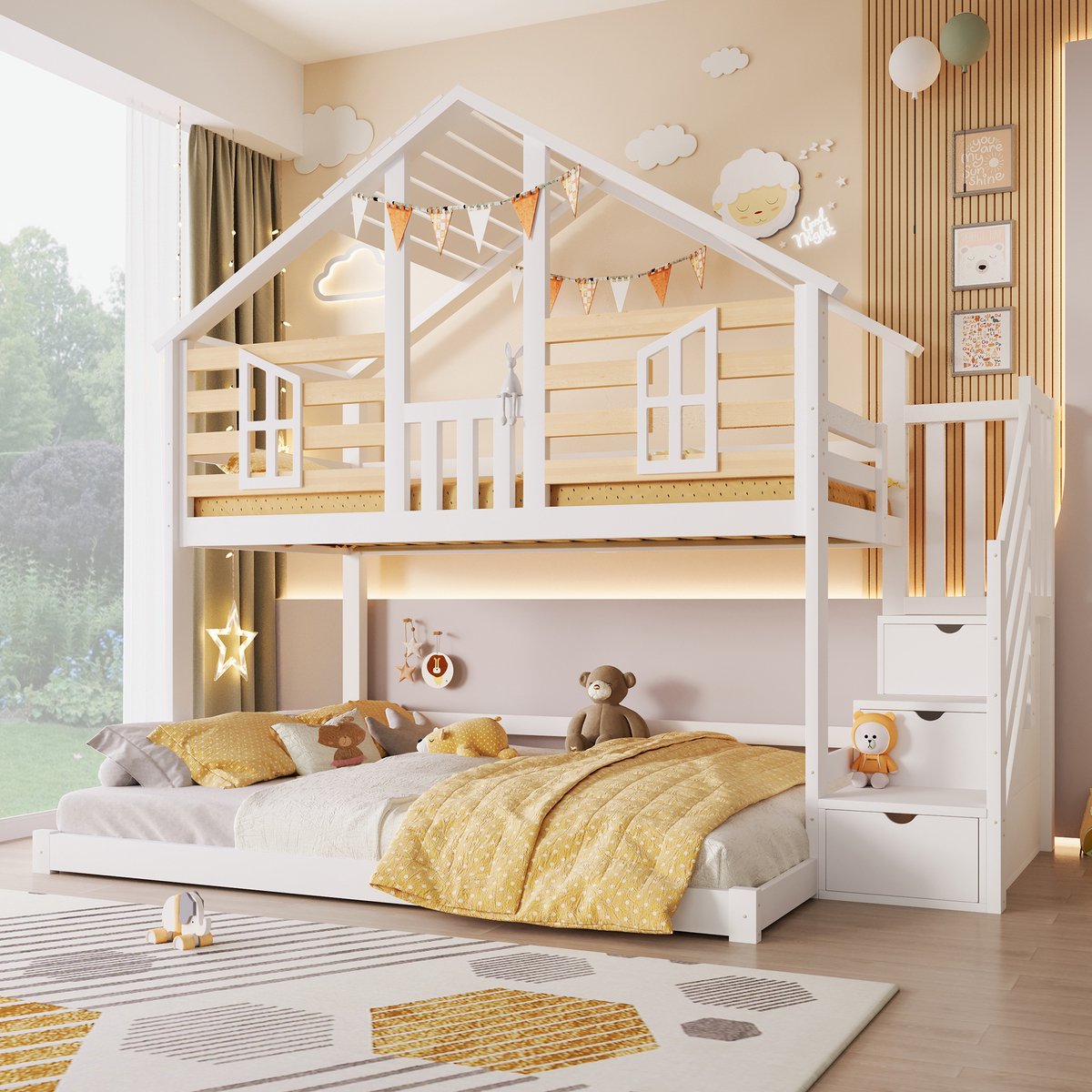 Stapelbed 90x200 en 140x200 cm - huisbed met opbergtrap - kinderbed met raamdesign en hoge valbeveiliging - wit naturel - massief grenenhout