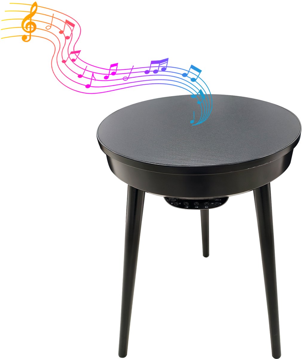 FATIVO Bijzettafel met luidspreker - 2-in-1 Bluetooth Speaker Tafeltje - Ronde nachttafel met USB & LED - Zwart / Walnoot - Voor Binnen & buiten