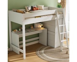 Hoogslaper 90×200 cm – kinderbed met bureau en verplaatsbare kast – massief houten bed met ladder en veiligheidshek – wit
