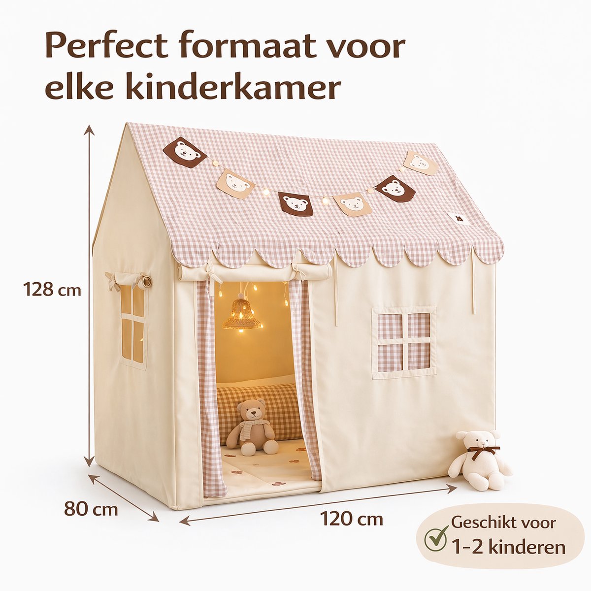 Fluvio Speeltent Kinderen – Speelhuisje Binnen met Lichtjes, Speelmat & Gordijntjes – Tipi Tent Jongens en Meisjes – Kinder Tent Beige - 120x80x128 cm — afbeelding 5