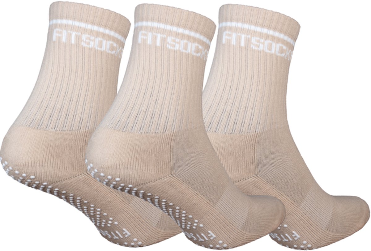 FitSockr Gripsokken Balance - Grip Sokken Pilates 3 Paar - Antislip Sokken Dames - Sportsokken met grip - Beige - maat 37-40