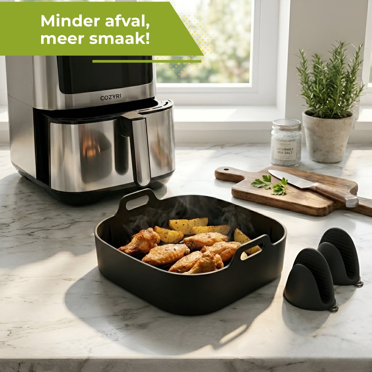 HI NATURE™ Airfryer accessoires - Airfryer siliconen bakje vierkant set inclusief Wanten voor Airfryer XXL - Siliconen ovenschaal BPA Vrij Accessoires Heteluchtfriteuse Bakvormen – Bakpapier Alternatief - Mand Bakvorm - 20 CM (Zwart) — afbeelding 3