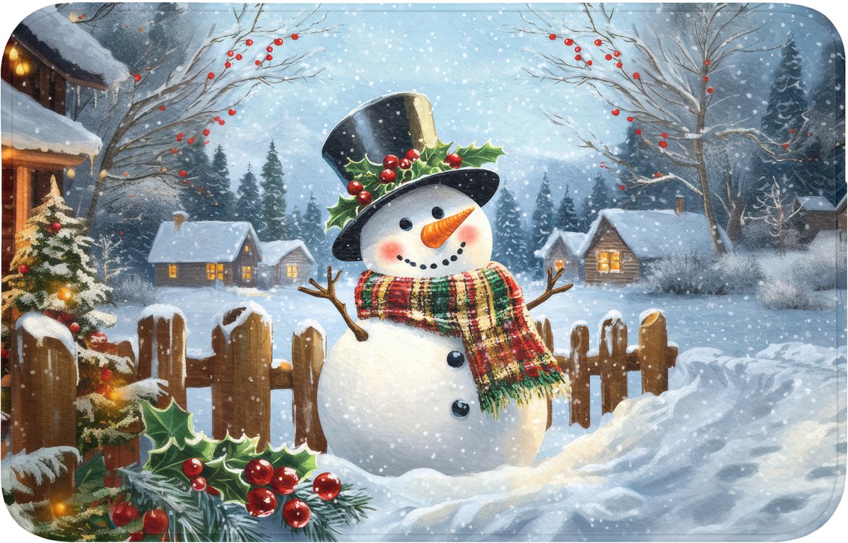 WC mat 80x50 cm - Antislip - Sneeuwpop - Winterdorp - Kleurrijk - Toiletmat - Vloermat - D