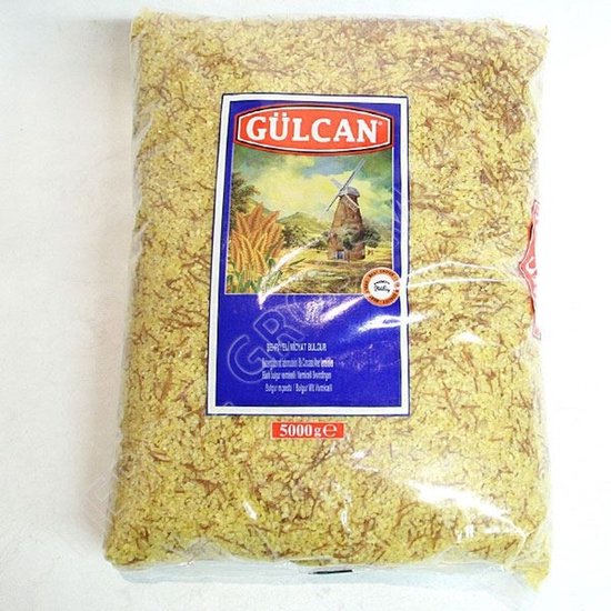 Gülcan Midyat Sehriyeli Bulgur 5kg verpakking met een afbeelding van een molen, graan en de tekst Gülcan.