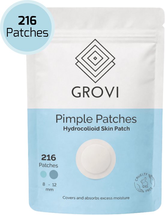 Pak met 216 Grovi Hydrocolloid Skin Patches, anti-bouton, cruelty-free, in maten 8 en 12 mm.