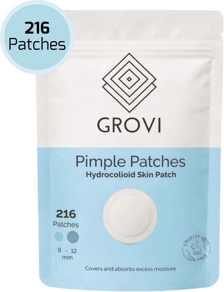 Grovi Premium Pimple Patch 216 Stuks - Onzichtbare Puisten Verwijderaar - Acne Patches - Hyrdocolloid - Emergency Dots - Anti Mee-eters - 8 & 12MM