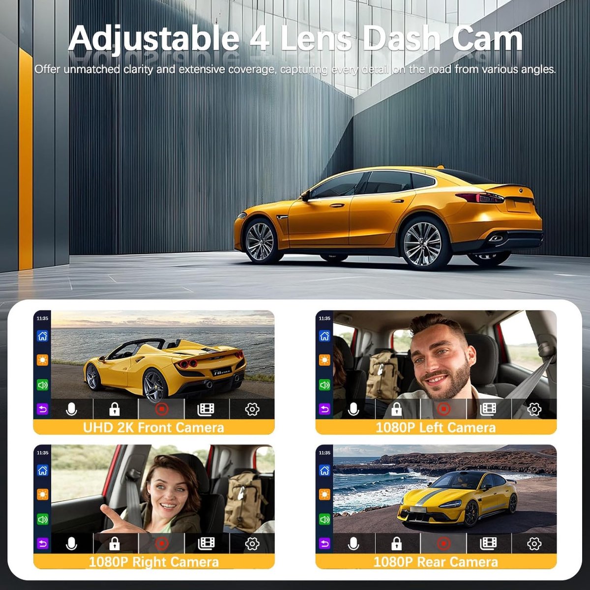 Dashcam - Dashcam voor auto - 4-kanaals dashcam voor - Gratis OBDII-hardwire - 1080P - 24/7 parkeerbewaking, 360° camera met wifi, loopopname, nachtzicht – foto 5