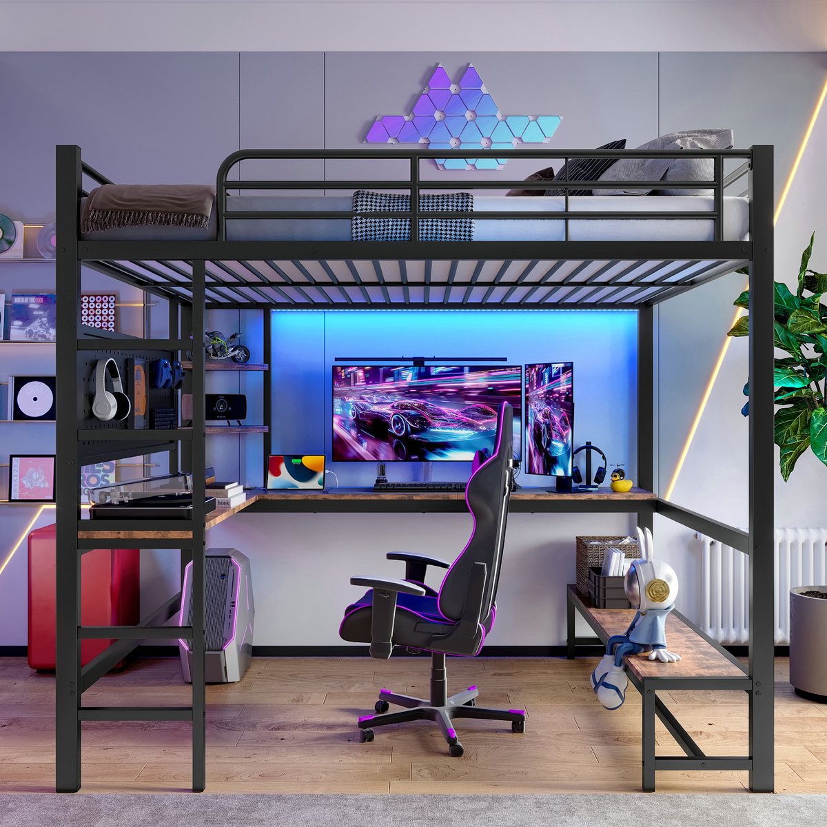 VVBV Hoogslaper 140x200 met bureau / Hoogslaper met bureau – Zonder Matras – met Opbergrekken, Opbergruimte, LED-Verlichting, USB, USB-C – Metaal – Zwart Black