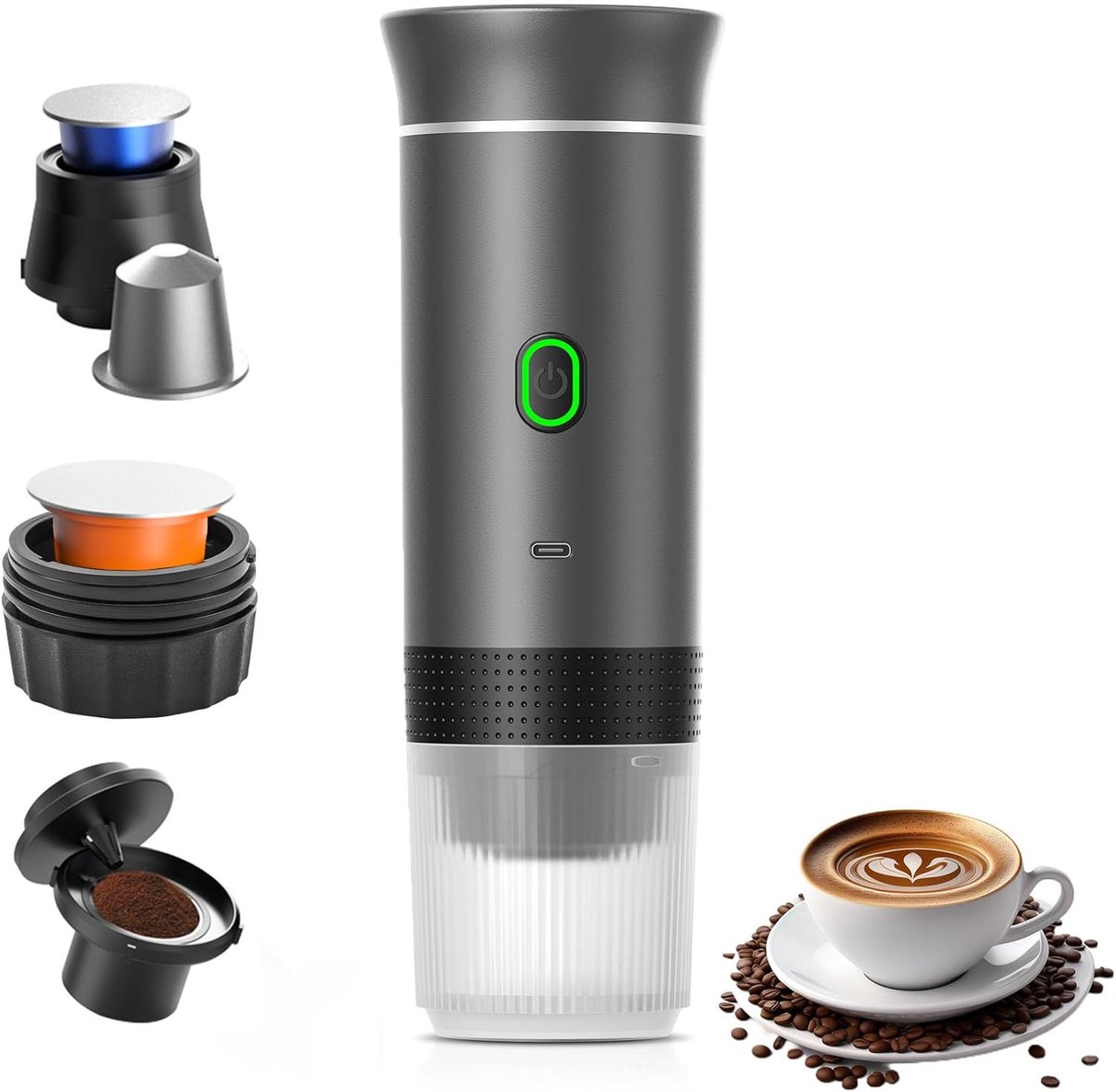 Koffiemachines - Koffiezetapparaat - Draagbare elektrische espressomachine - 3-in-1 draagbaar koffiezetapparaat met zelfverwarmende functie - USB-C-oplaadpoort - Voor camper - Kamperen - wandelen en kantoor - Grijs