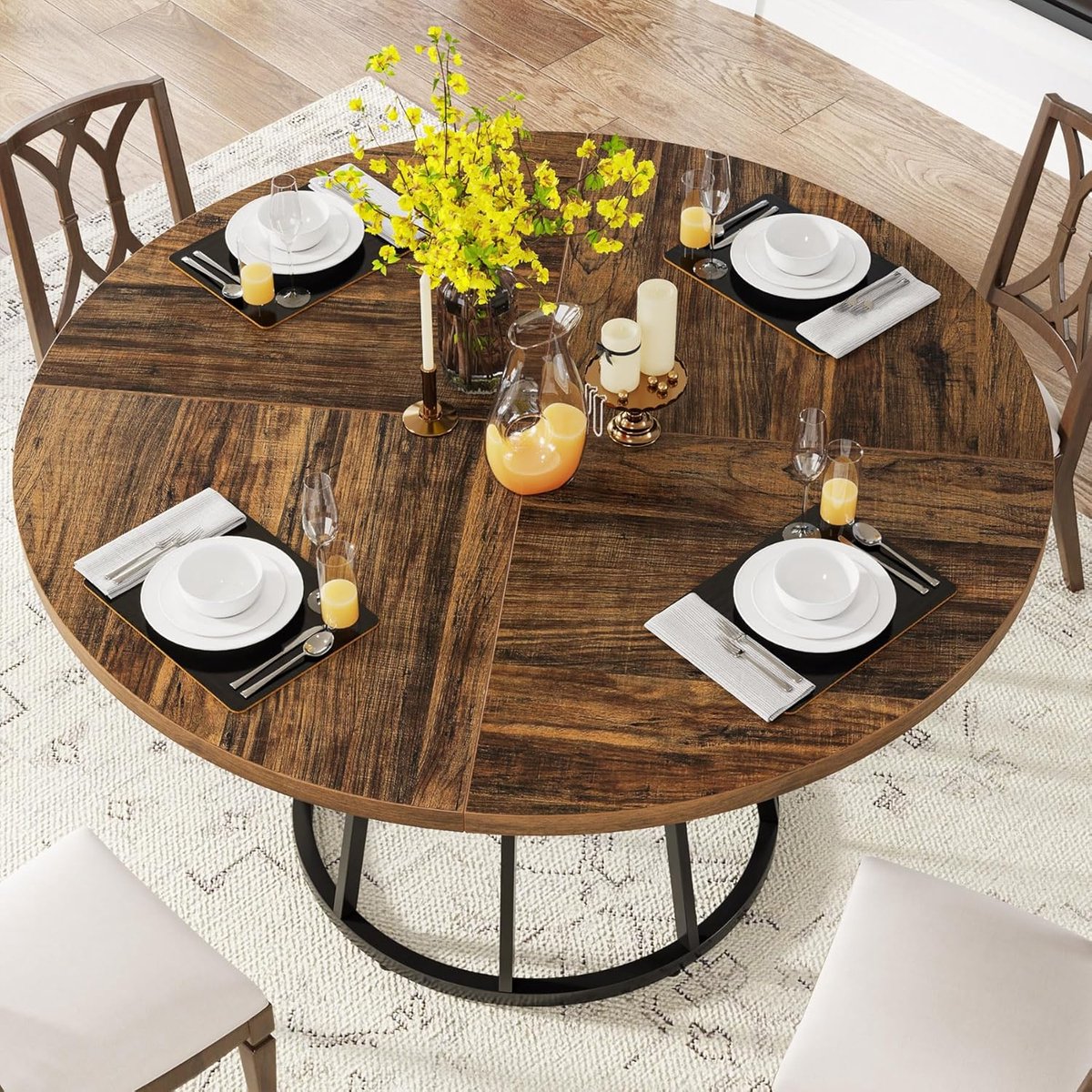 Eettafel Rond 120 cm 4 Personen Moderne Keukentafel Metalen Basis Bruin - Vermissen
