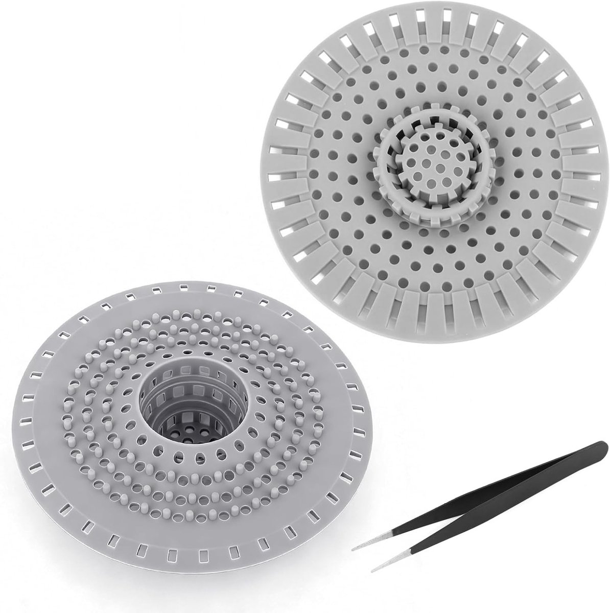 Effectieve Silicone Haarfilter voor Douche en Afvoer - 2 Stuks, Rond Ontwerp met Reinigingsspuit voor Bad en Keuken, Grijs