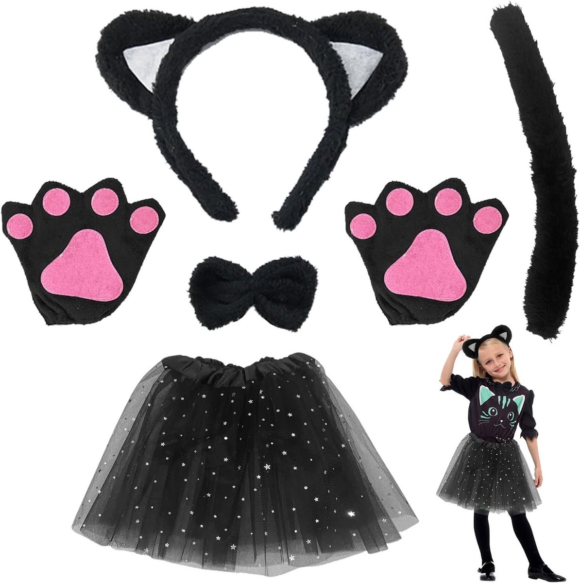 Cat Cosplay Set voor Halloween en Verjaardagsfeest - Kostuumaccessoires met Tutu Rok, Pluche Klauwen, Kattenoren en Staart