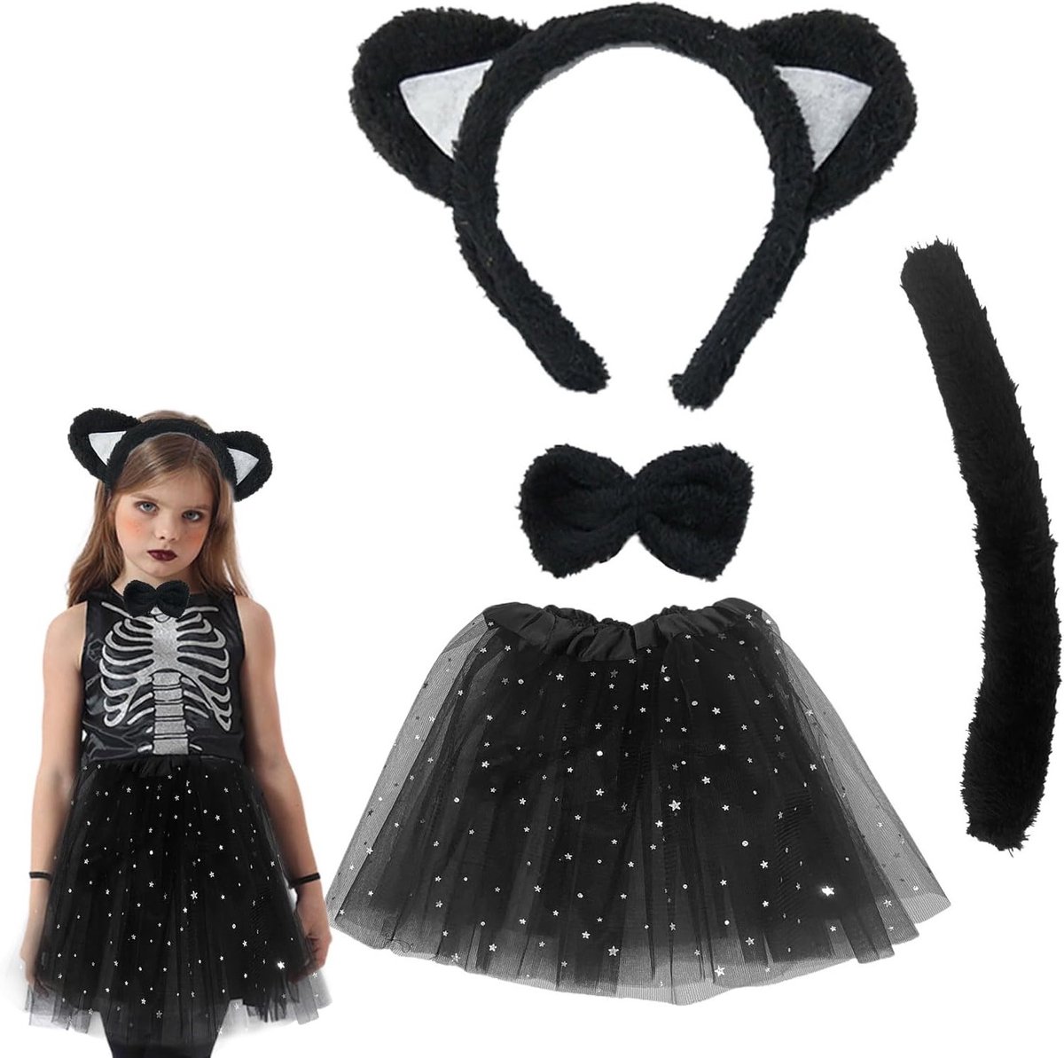 Schattig kattenkostuum voor meisjes met oortjes, staart, tutu rok en strik voor Halloween en verkleedfeestjes
