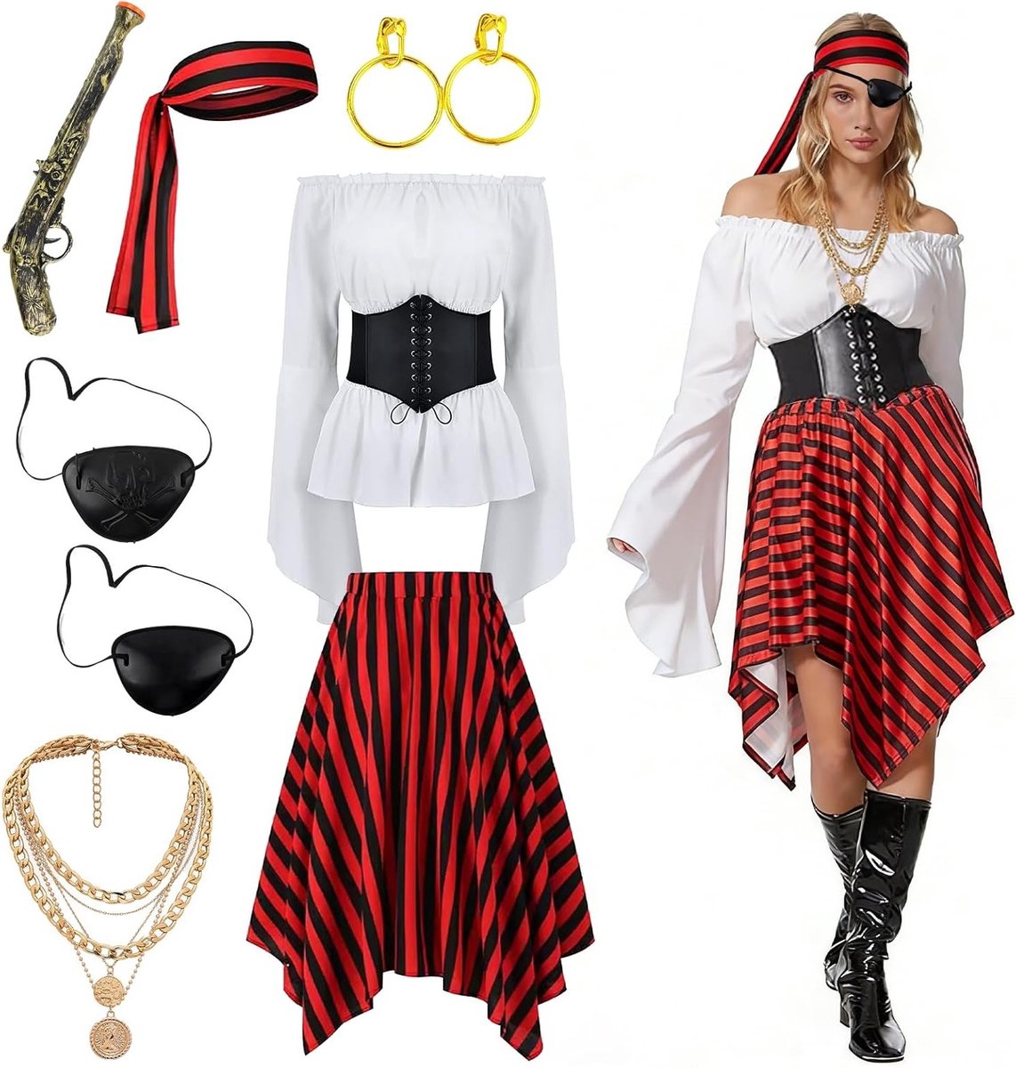 Vrouwelijk Piratenkostuum met Witte Blouse, Rode Rok, Corset en Sjaal voor Carnaval en Cosplay Feesten