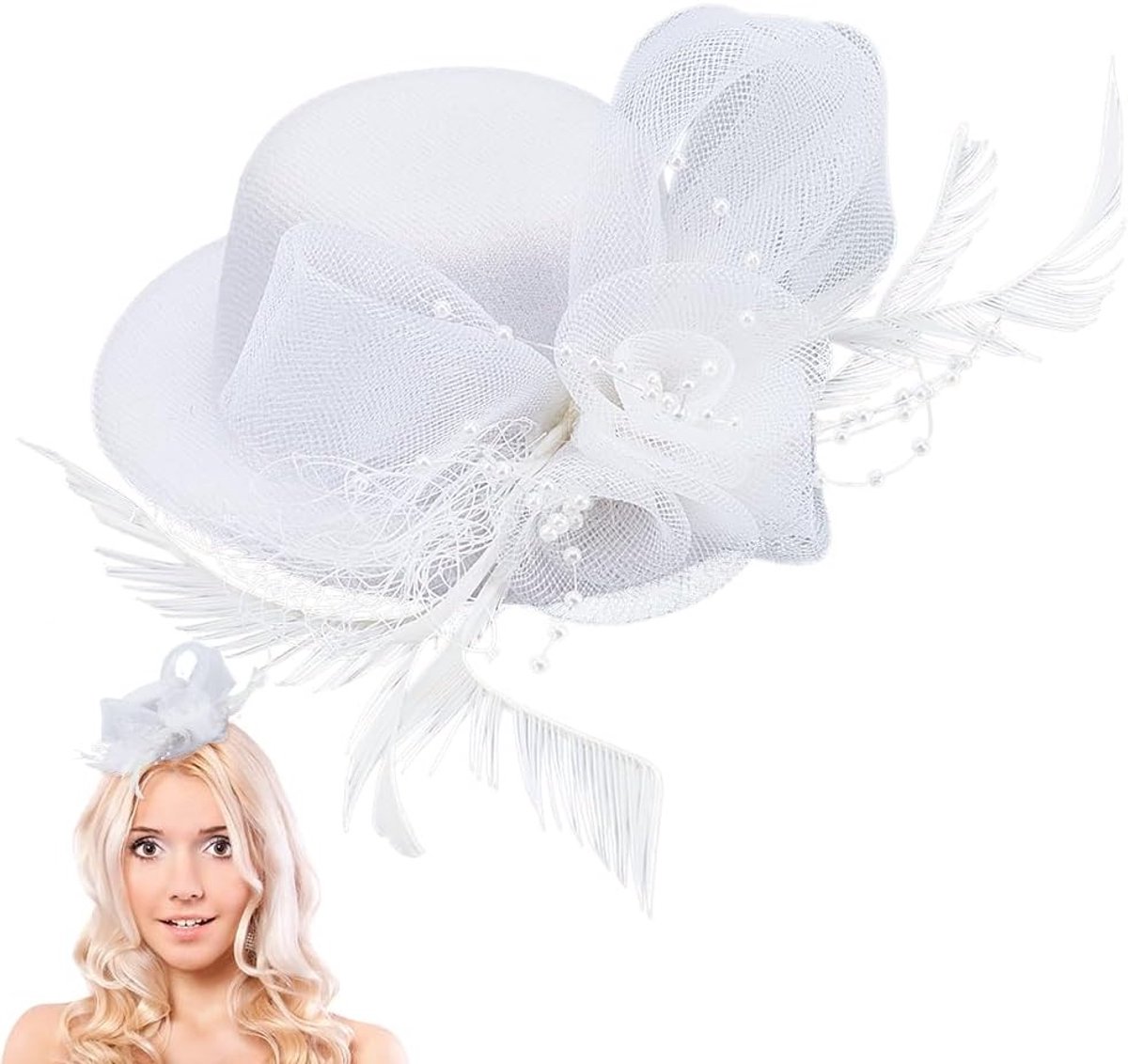 Mini Fascinator Hoeden - Haaraccessoires Feest - Thee Ceremonie - Decoratieve Clips - 225 mm breed - Wit