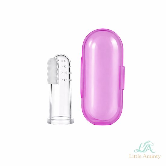 Little Aminty Baby tandenborstel – Vingertandenborstel van zachte siliconen – 0-24 maanden – Roze (verpakking)