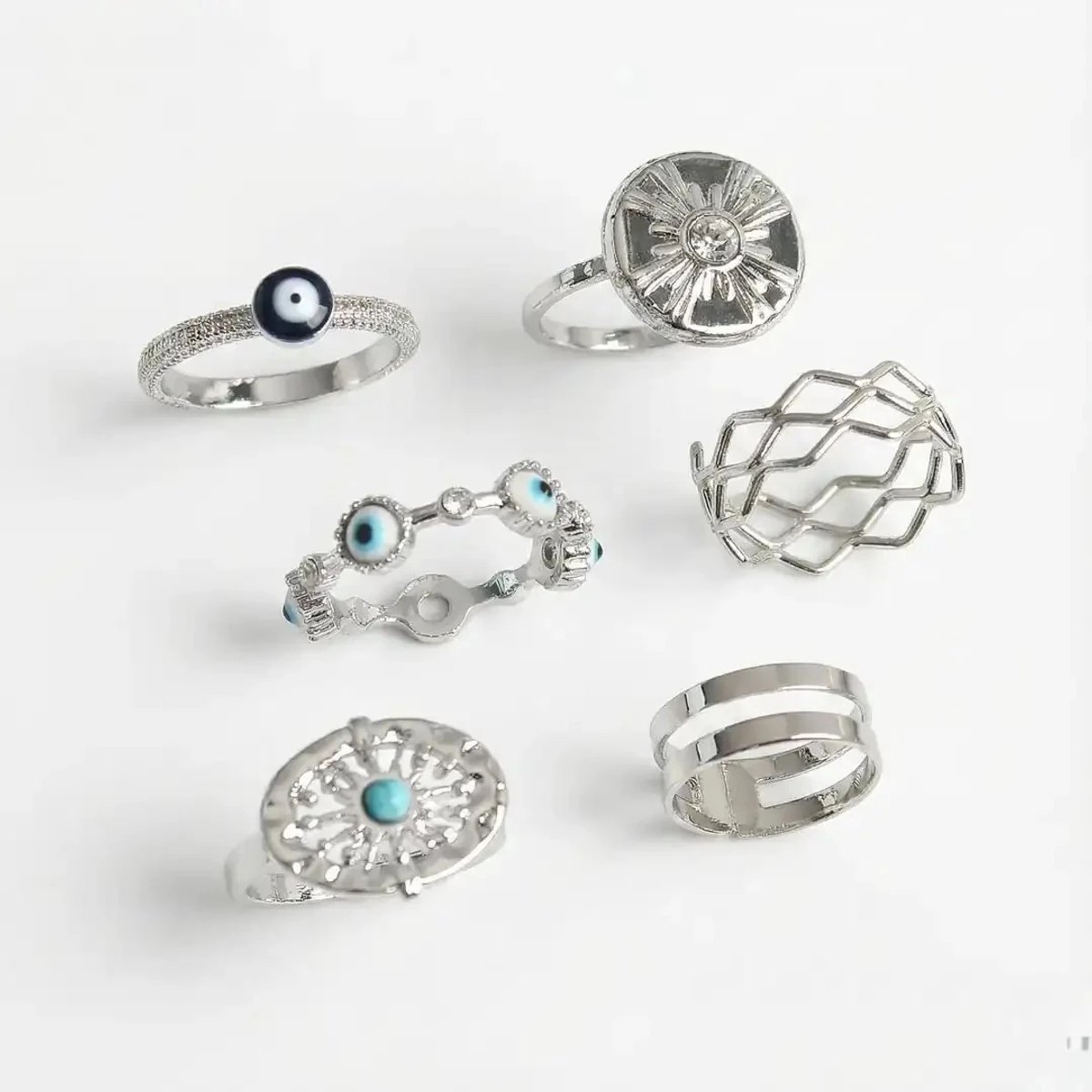 Dorvina Messing Zilverkleurig Boze Oog Zirkonia Steen Detail Dalga Figur Dames Ring Kombini