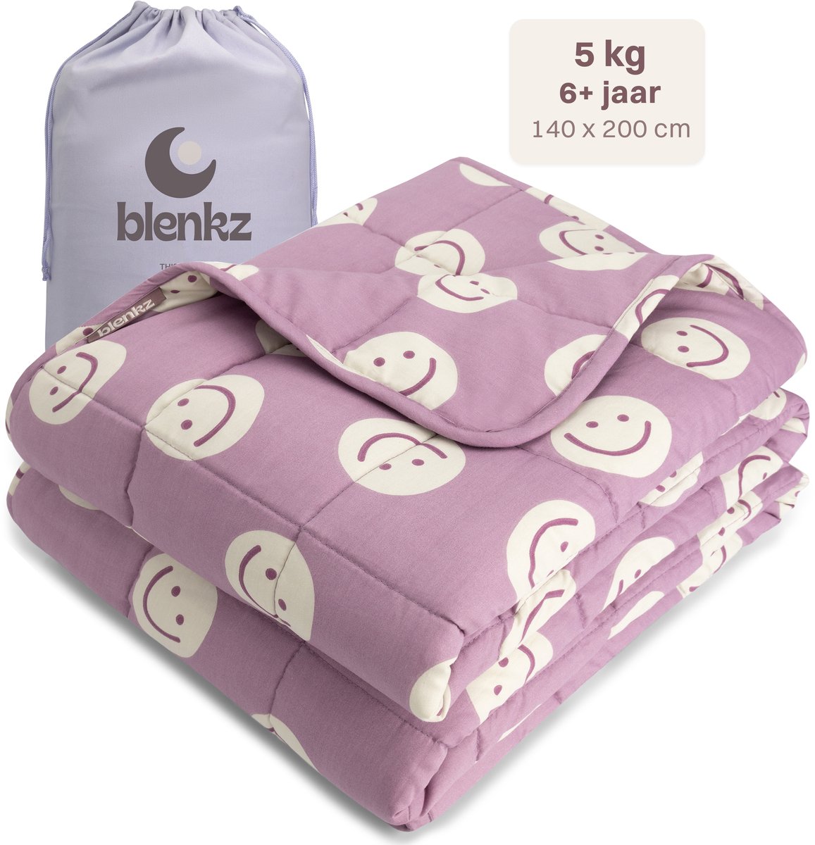 BLENKZ Verzwaringsdeken Kind 5kg – 140x200 – Smile Plum – Voor kinderen vanaf ±6 jaar en tieners – Verzwaringsdeken 1-persoons – Zwaartedeken