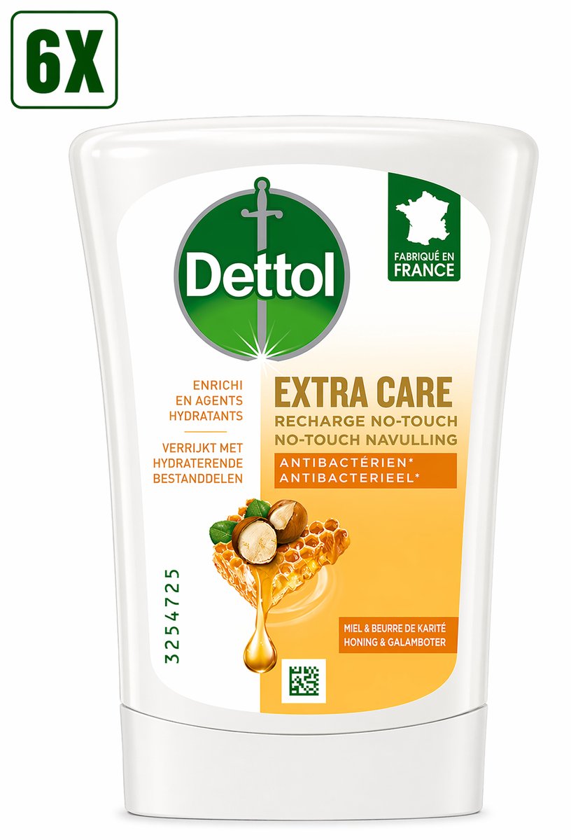 6 x Dettol - Handzeep - No-Touch Navulling - Honing & Galamboter - Antibacterieel - 250ml