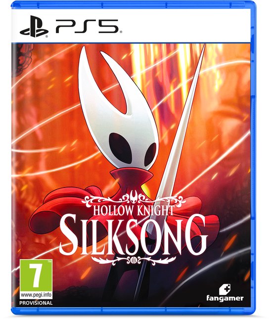 PS5-hoes voor Hollow Knight Silksong met Hornet in rood en wit op een oranje, gloeiende achtergrond.