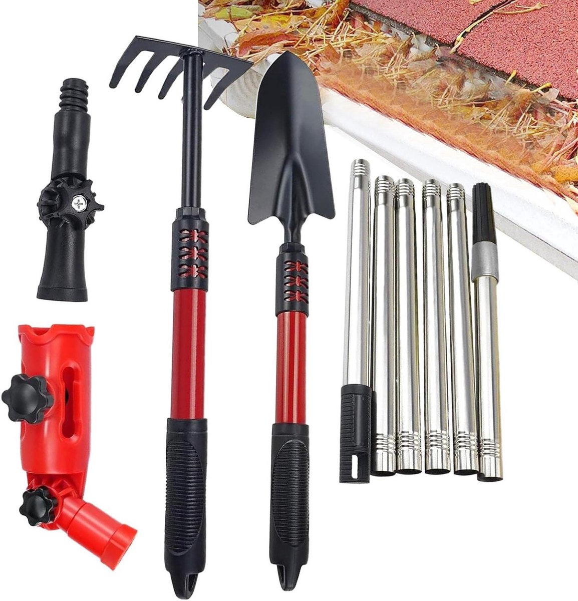 Gootreiniger Set - Dakgoot Gereedschap - Dakgoten Onderhoud - Telescopische steel - 10 Delig - Zwart Rood