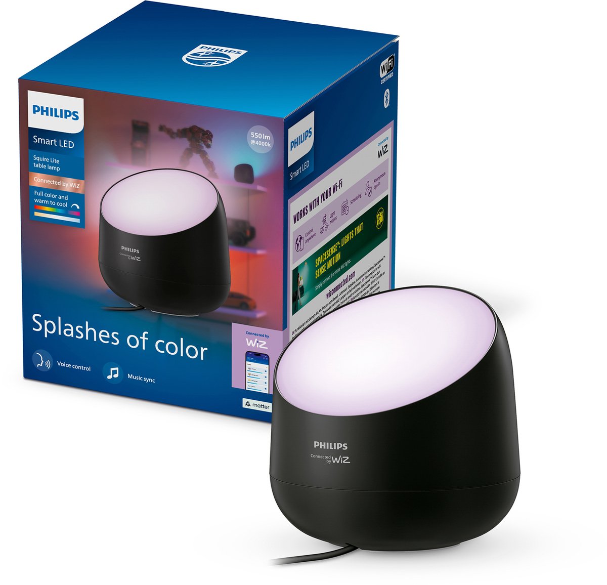 Philips Smart Lighting - Squire Lite Tafellamp - Gekleurd en instelbaar wit licht - Muzieksynchronisatie - Wall washer - Zwart - Werkt met de WiZ app - Wifi