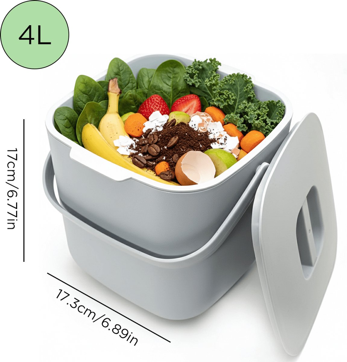 4L geurbestendige compostcontainer met geurbestendige deksel & zeefsysteem - duurzaam plastic voor geschikt afval, vaatwasser-dichte compacte bio-afvalcontainer, geursysteem voor kantoor, kleine ruimtes, grijs.