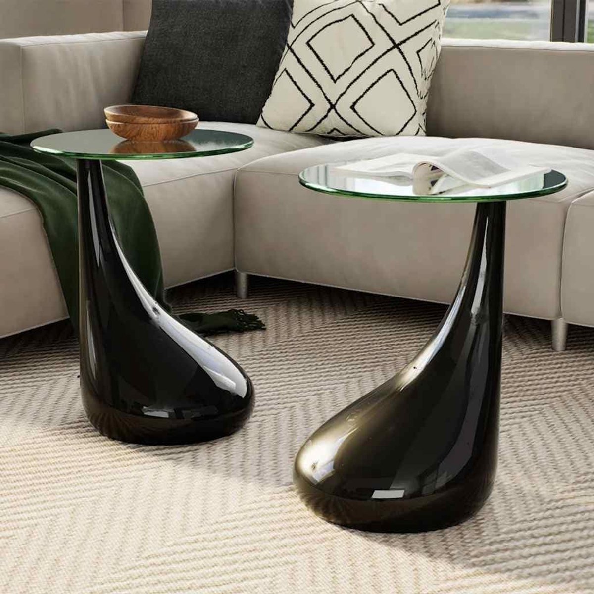 Hoogglans Tafel - Set bijzettafels - Woonkamer Inrichting - Druppelvorm Sokkel - Set van 2 - Zwart