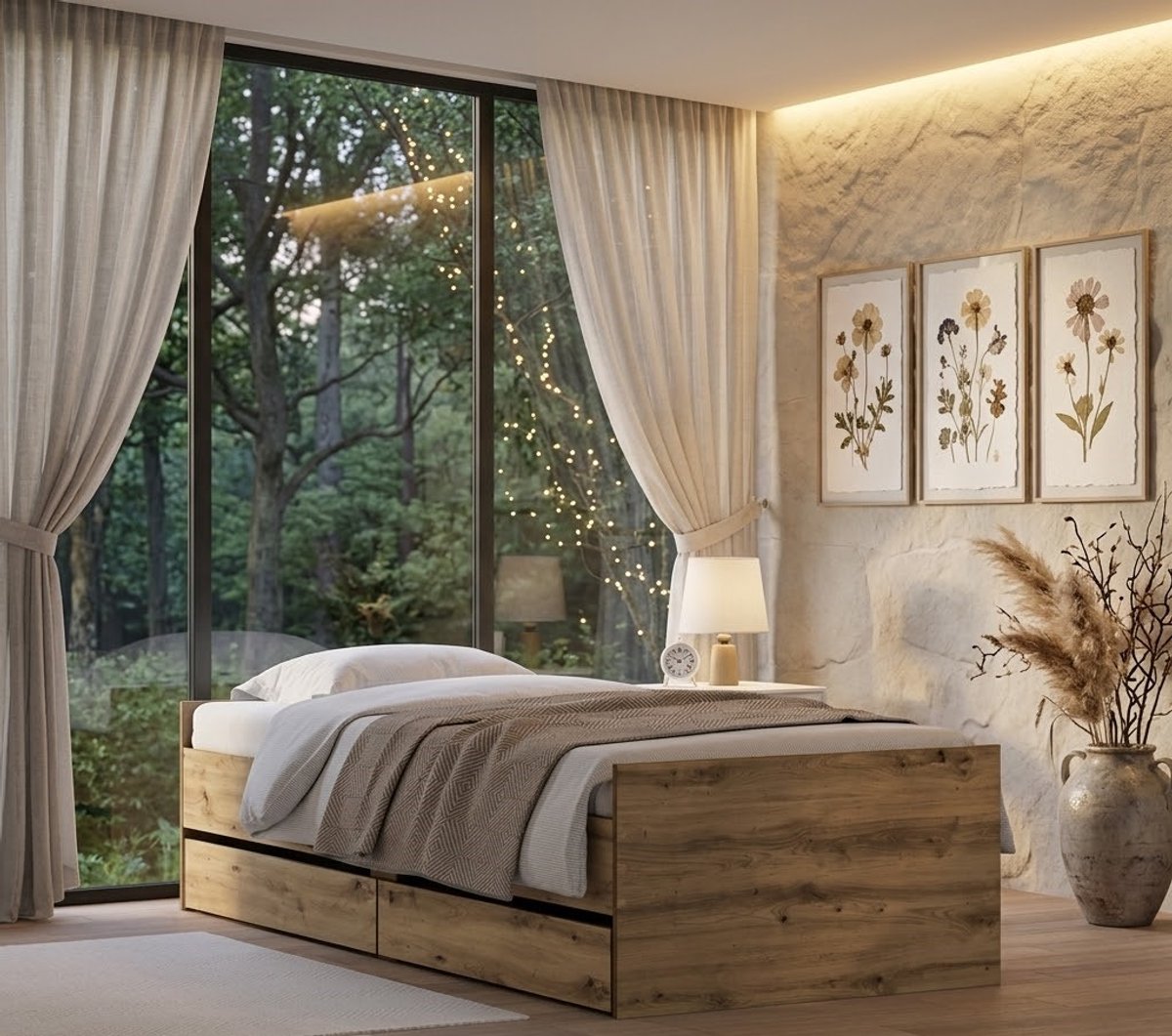 Artisan Oak Rustiek Opbergbed van Massief Grenenhout 100 x 200 cm – Stijlvol Slaapkamer Bedframe met Lades en Industriële Houtlook