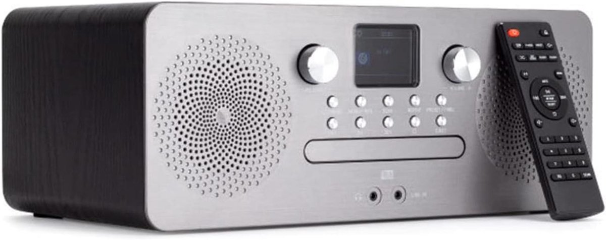 Houten CD Speler - Radio CD - Muziek Luisteren - Met Wekker - 36x20x14 CM - Zilvergrijs