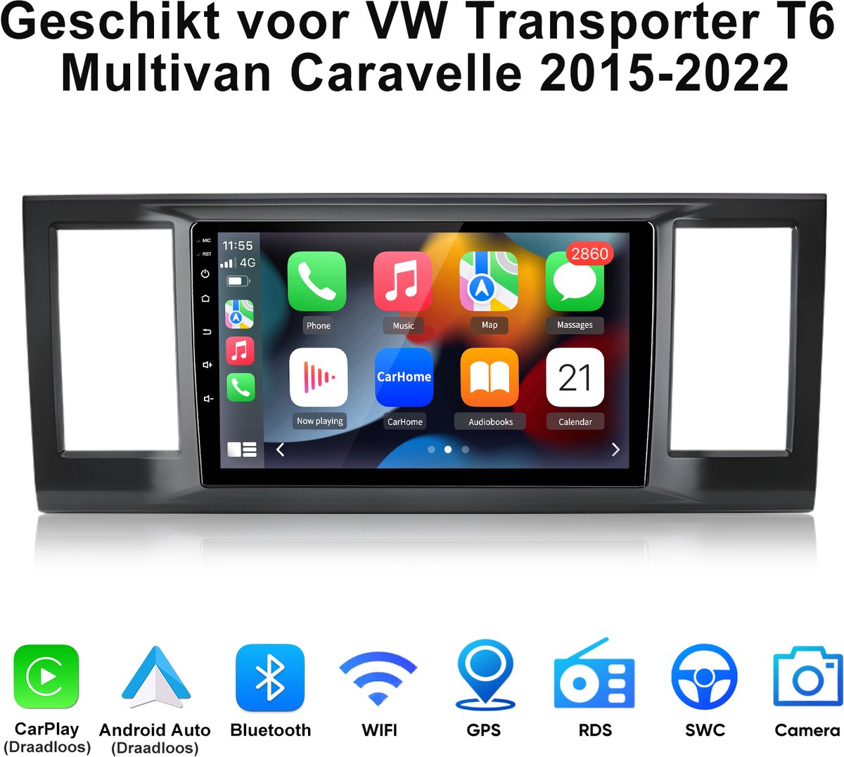 JUNSUN Android 15 Autoradio Geschikt voor VW Transporter T6 Multivan Caravelle 2015-2022, 4GB+64GB, Draadloze CarPlay & Andriod Auto, DAB+, GPS-navigatiesysteem, Bluetooth, Stuurwielbediening, WiFi, 9 inch HD Touchscreen, DSP, Octa core processor