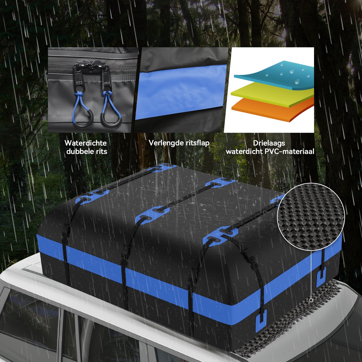 Puluomis - 600L Dakkoffer - Waterdicht - 500D PVC materiaal - 8 riemen - 6 haken - Geschikt voor alle voertuigen met/zonder dakdrager - Inclusief antislipmat - Zwart-blauw – foto 6
