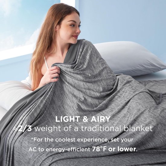 Vrouw op bed onder een lichtgrijze, gemêleerde deken. Tekst: 'LIGHT & AIRY' en 'ongeveer 2/3 gewicht van een traditionele deken'.