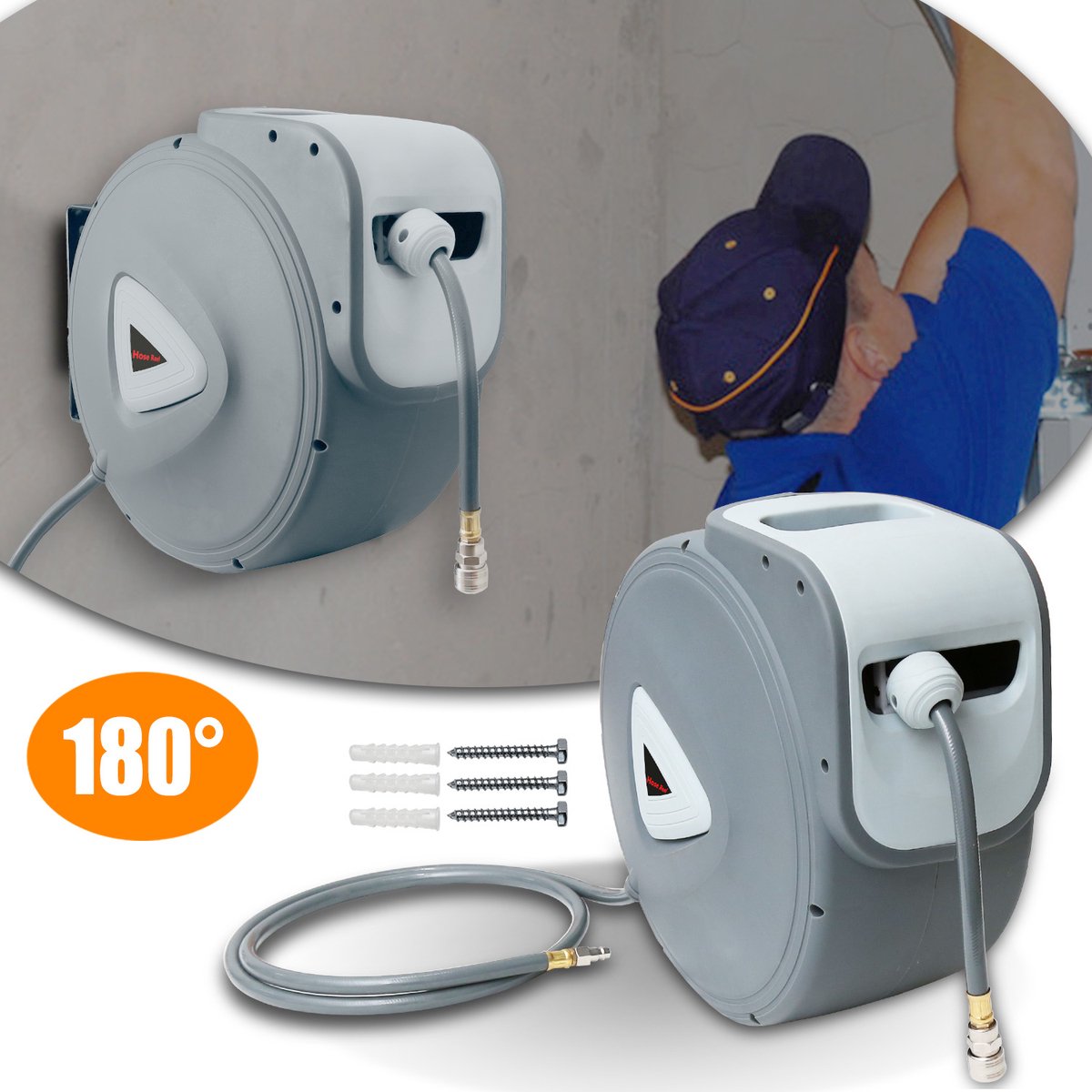 30M Automatische slanghaspel - Persluchtslanghaspel met 1/4 inch snelkoppeling - Automatische haspel met slangstop - Wandhouder