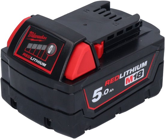 Zwarte M18 accu met rode accenten en een batterij indicator.
