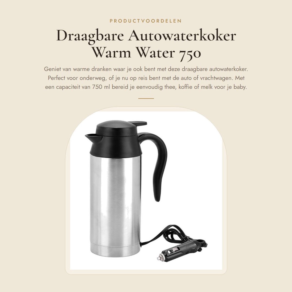 Dailygoods - Autowaterkoker 24V - Draagbare Waterkoker - 750ml Capaciteit - Roestvrij Staal - Voor Koffie/Thee - Automatisch Uitschakelen