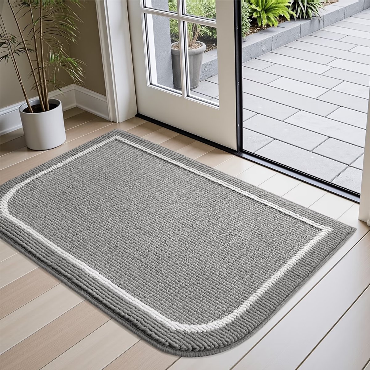 Deurmat Antislip Grijs – Absorberende Voordeurmat Laagprofiel – Machinewasbare Vuilvanger voor Binnen en Buiten – Zachte Welkomstmat voor Entree