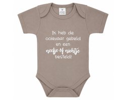 romper baby tekst zwangerschaps aankondiging ik heb de ooievaar gebeld en een nichtje of neefje besteld beige korte mouw jongen of meisje maat 74-80 met bekendmaking zwangerschap aanstaande