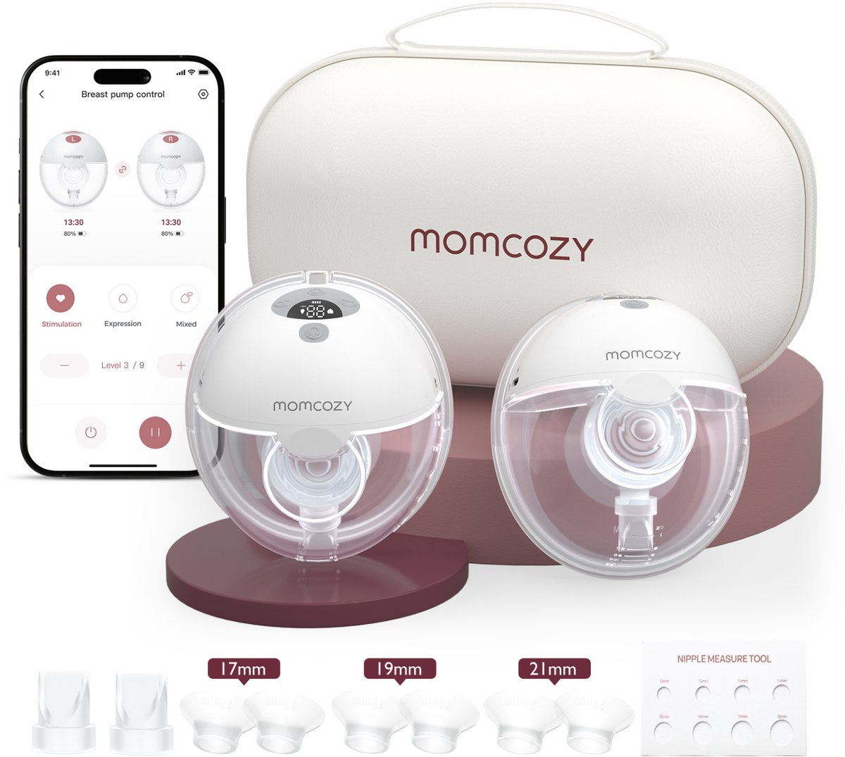 Momcozy M5 Smart – Handsfree Borstkolf – 2 Stuks – Elektrisch – Stil & Compact – Met Borstschild Inserts - Wit/Grijs