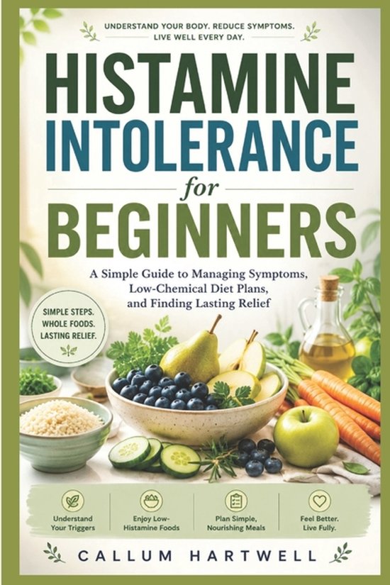 Livre "Intolérance à l'histamine pour débutants" avec une illustration d'aliments sains comme les myrtilles, la poire, le concombre et les carottes.