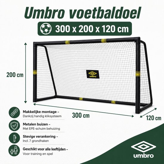 Zwart Umbro voetbaldoel van 300x200x120 cm met gele accenten.