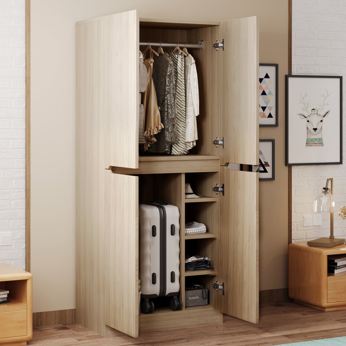 MODFU Kledingkast - Draaideuren En Opbergvakken - Minimalistisch - Voor Slaapkamer - Hout En Metaal - Natuurlijke Houtkleur - 70 X 40 X 170 Cm Natuurlijk hout