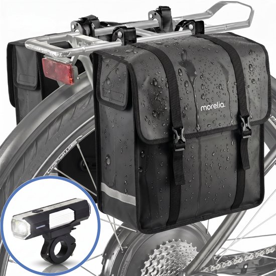 Morelia® Fietstas - Incl Voorlamp 400 Lumen - Fietstassen - Fietstassen Electrische Fietsen - Fietstassen Dubbel - 48 Liter - 100% Waterdicht - Tarpaulin materiaal - Zwart