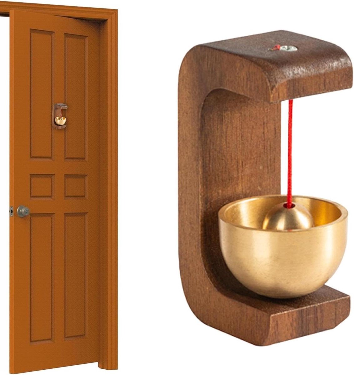 Houten Deurbel - Messing Bel - Gast Ontvangen - Natuurlijke Houtkleur - 8x6x8 cm - Houtkleur